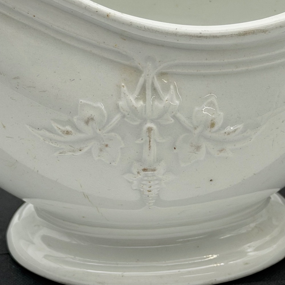 Antique Clementson Brothers White Ironstone Gravy Boat Embossed Leaf Hanley - Picture 3 of 7
